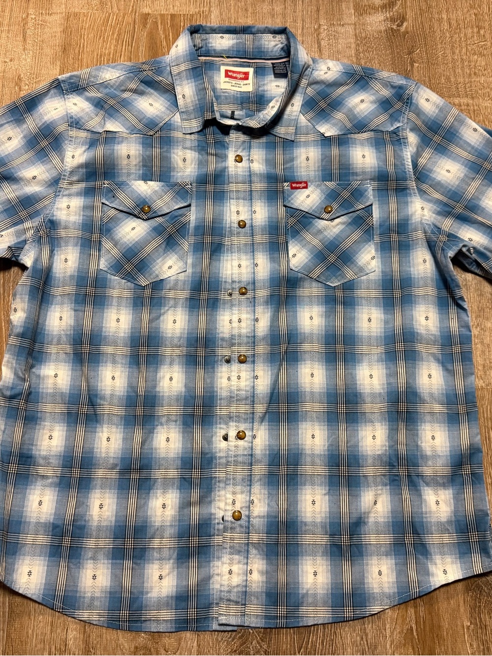 Wrangler XL Blue Plaid Western Pearl Snap Short Sleeve Shirt Stretch Cowboy